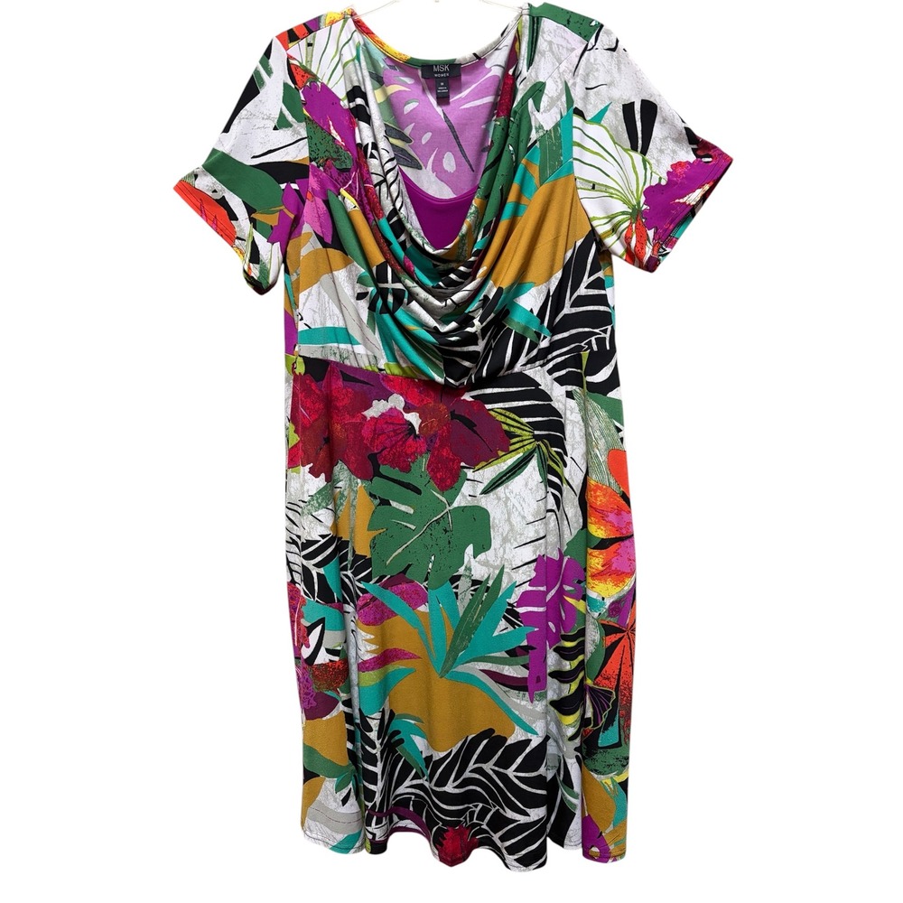 MSK Women Tropical Floral Cowl Neck Dress Multicolor Short Sleeve Size 1X